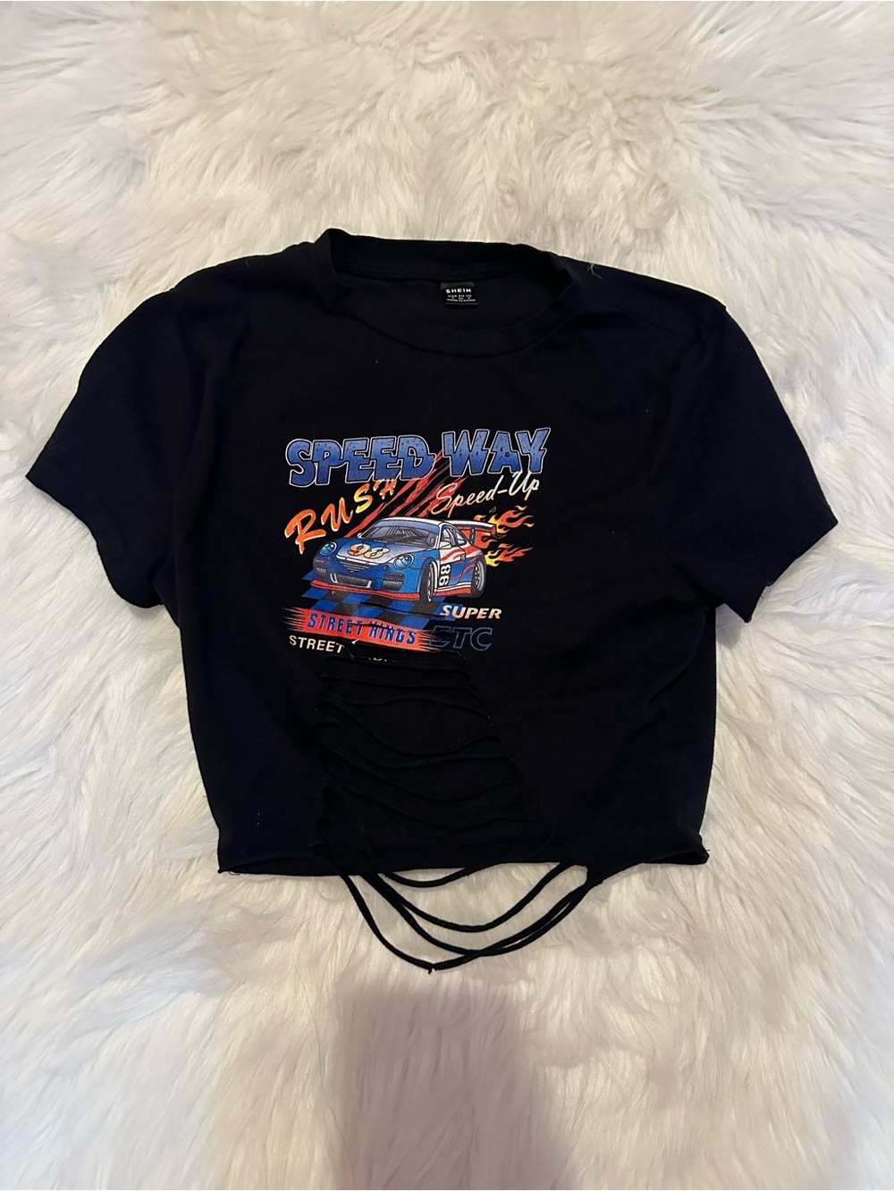 Speed Way Black Graphic Crop Tee with Distressed Front Size S